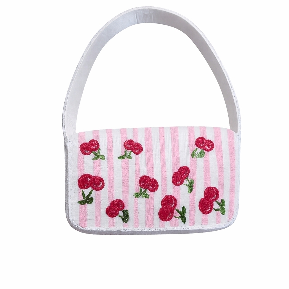 NWT made in India Pink White Striped Cherry Handbag shoulder bag purse viral
